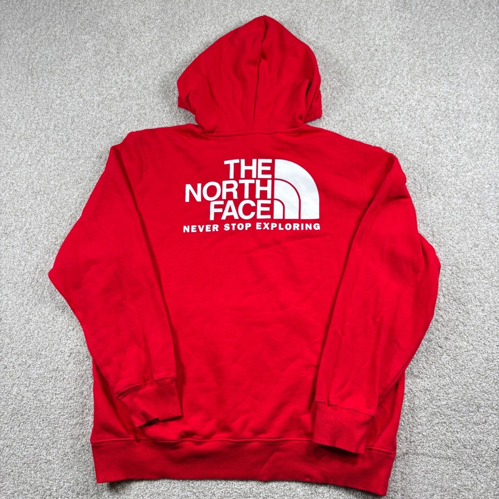 The North Face Hoodie Mens L Red Never Stop Exploring Graphic Pullover Fleece